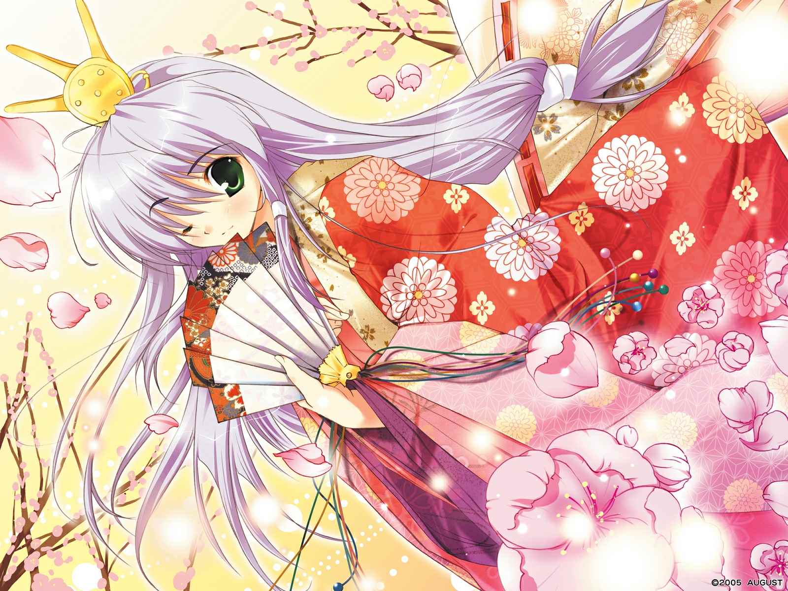 mikeou, feena fam earthlight, yoake mae yori ruri iro na, light purple hair, character request, highres, 00s, 1girl, 2005, asa no ha (pattern), blue hair, cherry blossoms, crown, dutch angle, female focus, flower, folding fan, green eyes, hair ornament, hanairi kikkou, hand fan, hat, heian, hexagon, honeycomb pattern, japanese clothes, karaginu mo, kikumon, kimono, layered clothes, layered kimono, long hair, one eye closed, petals, solo, tiara, wink