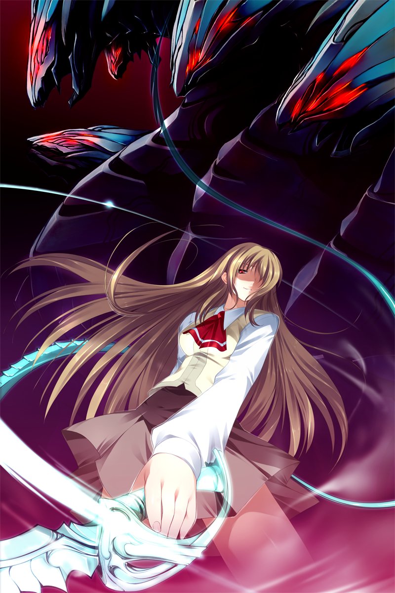 fujino shizuru, circus (studio), mai hime: the another, mai hime another story, my-hime, unmei no keitouju, highres, official art, 00s, 1girl, brown hair, female focus, long hair, red eyes, school uniform, serafuku, smile, solo, sword, weapon