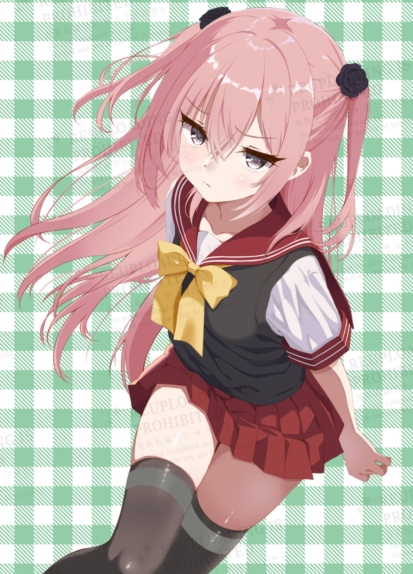 sakaki asuka, inui sajuna, sono bisque doll wa koi wo suru, character request, highres, 1girl, black thighhighs, black vest, grey eyes, hair between eyes, looking at viewer, pink hair, red sailor collar, red skirt, ribbon, sailor collar, school uniform, serafuku, shirt, skirt, solo, thighhighs, thighs, vest, white shirt, yellow ribbon