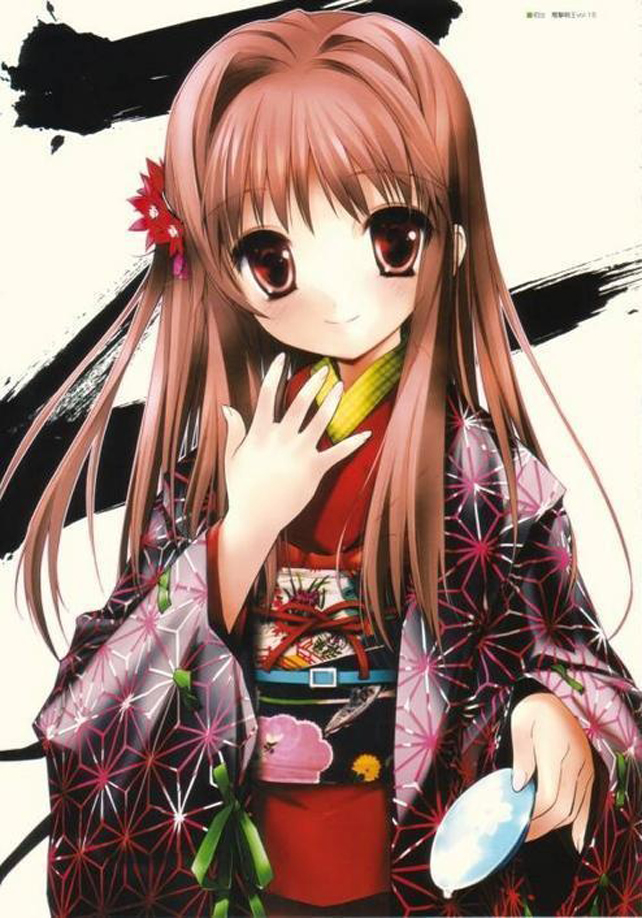 gotou nao, original, 1girl, asa no ha (pattern), brown hair, female focus, flower, japanese clothes, kimono, smile, solo