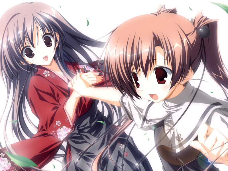 suzuri, suzuri (tennenseki), inagaki setsuna, tabata yui, h2o footprints in the sand, game cg, 00s, 2girls, brown hair, japanese clothes, kimono, long hair, multiple girls, purple hair, smile