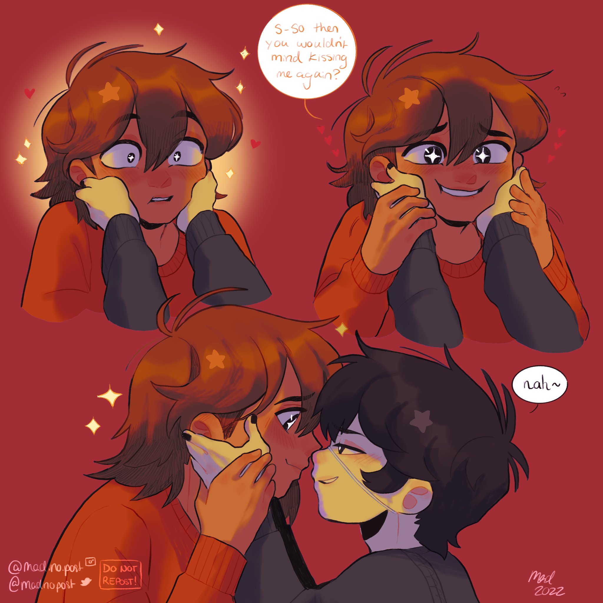 madnopost, kel (faraway) (omori), kel (omori), sunny (omori), omori, highres, spoilers, + +, 2022, 2boys, alternate costume, black nails, black sweater, closed mouth, english text, hands on another's cheeks, hands on another's face, instagram username, long sleeves, looking at another, male focus, multiple boys, orange sweater, parted lips, smile, speech bubble, sweater, twitter username, yaoi