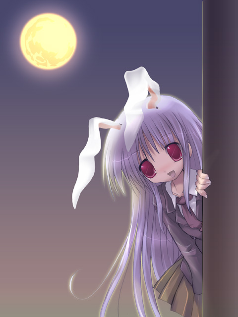 izumi yukiru, reisen udongein inaba, touhou, 1girl, animal ears, blue hair, blush, female focus, moon, night, peeking out, rabbit ears, red eyes, smile, solo