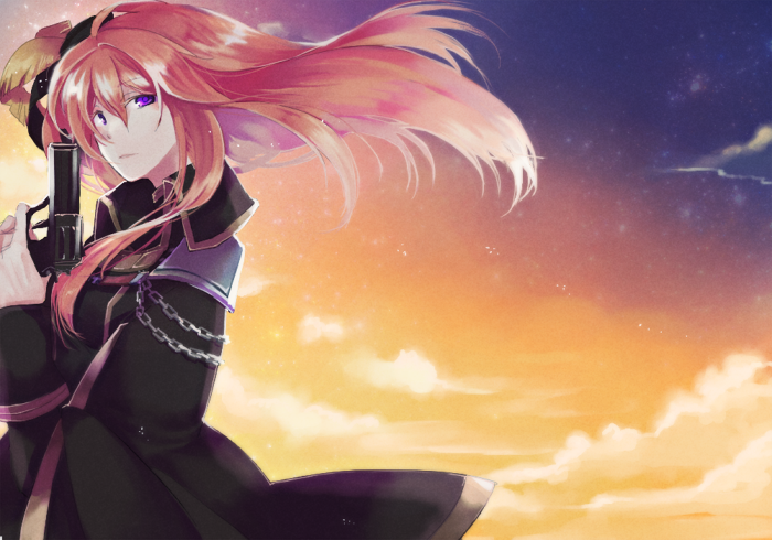 wane (ruki), rebellion (ragnarok online), ragnarok online, commentary request, 1girl, black coat, chain, closed mouth, cloud, coat, expressionless, gun, handgun, holding, holding gun, holding weapon, long hair, looking at viewer, looking to the side, military uniform, orange sky, pink hair, purple eyes, sky, solo, sunset, upper body, weapon