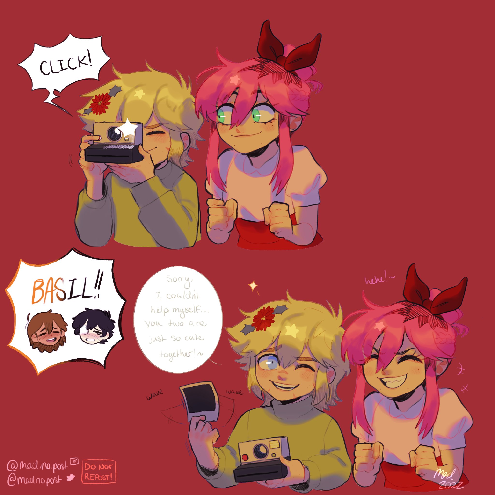 madnopost, aubrey (faraway) (omori), aubrey (omori), basil (faraway) (omori), basil (omori), kel (faraway) (omori), kel (omori), sunny (omori), omori, highres, spoilers, +++, 1girl, 2022, 3boys, alternate costume, alternate hairstyle, black eyes, black hair, blonde hair, blue eyes, brown hair, camera, chibi, chibi inset, clenched hands, closed eyes, closed mouth, dark-skinned male, dark skin, double-parted bangs, english text, eyepatch, flower, green sweater, grin, hair between eyes, hair bun, hair flower, hair ornament, hair ribbon, holding, holding camera, holding photo, instagram username, long sleeves, looking at another, multiple boys, one eye closed, open mouth, photo (object), red ribbon, ribbon, scar, scar on face, short hair, short sleeves, sidelocks, smile, speech bubble, sweater, talking, teeth, twitter username, upper teeth only