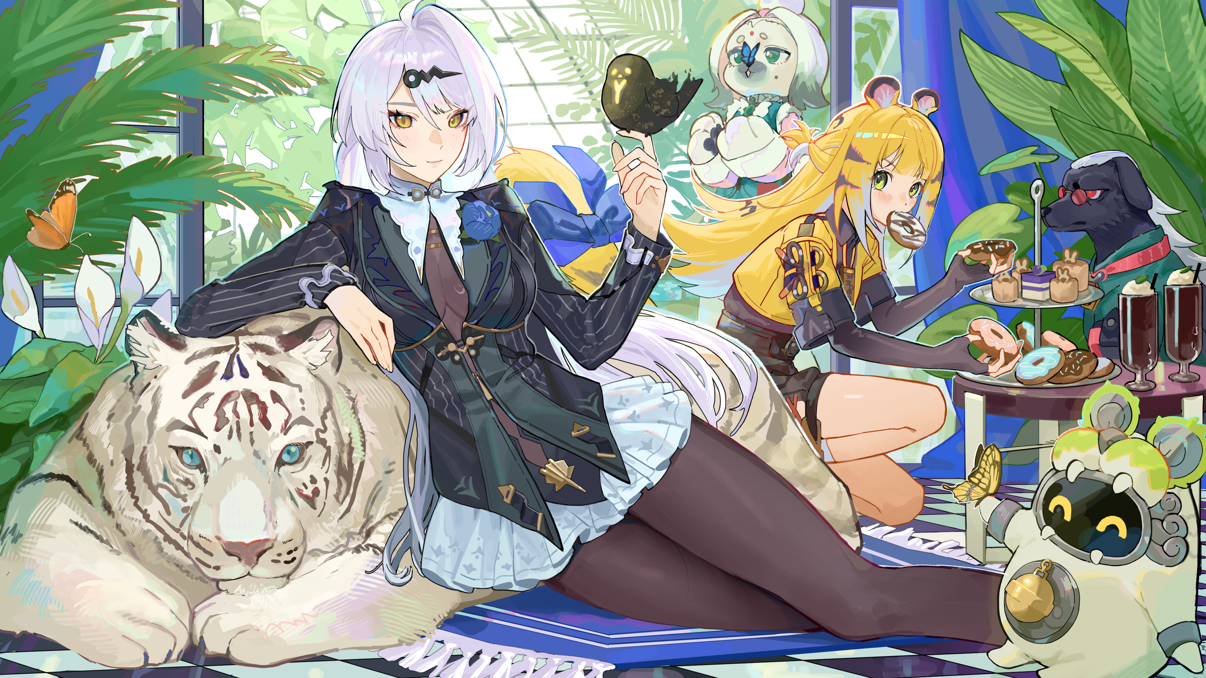 amagumo0501, ju fufu, yixuan (trails of ink) (zenless zone zero), yixuan (zenless zone zero), zenless zone zero, absurdres, highres, 3girls, animal ears, animal hands, belion (zenless zone zero), bird, bird on hand, black bodysuit, black gloves, black pantyhose, blonde hair, blue eyes, bodysuit, bug, butterfly, butterfly on nose, closed mouth, cropped jacket, dog, dog ears, dog girl, dog paws, elbow gloves, fingerless gloves, gloves, green eyes, insect, jacket, long hair, looking at viewer, mouth hold, multiple girls, official alternate costume, pantyhose, skirt, tiger, tiger ears, tiger girl, very long hair, white hair, white skirt, white tiger, yellow eyes, yellow jacket