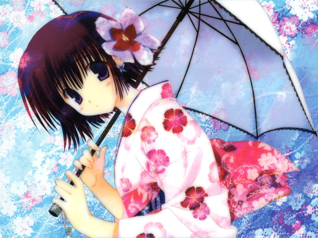 mitsumi misato, 1girl, black eyes, blush, brown hair, female focus, floral print, flower, hair flower, hair ornament, holding, japanese clothes, kimono, long sleeves, looking at viewer, obi, print kimono, sash, short hair, solo, umbrella, white kimono