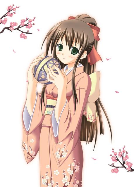 ball, blush, brown hair, cherry blossoms, japanese clothes, kimono, long hair, ribbon, solo