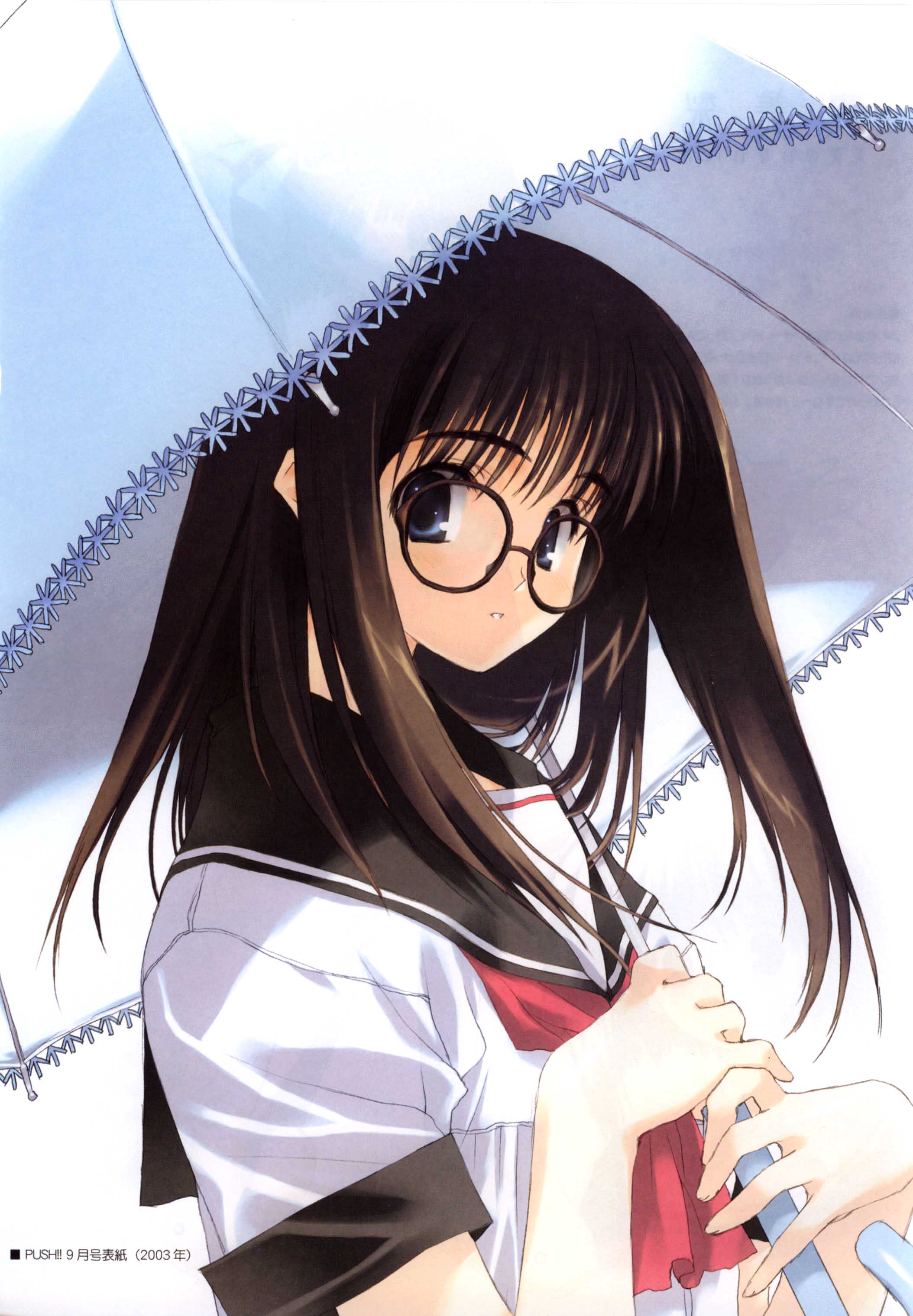 mitsumi misato, nakamura takeshi, kurihara touko, push!!, tenshi no inai 12-gatsu, absurdres, highres, official art, scan, scan artifacts, 00s, 1girl, 2003, black-framed eyewear, black hair, blue eyes, blush, brown hair, dated, female focus, from side, glasses, grin, holding, holding umbrella, long hair, looking at viewer, looking back, neckerchief, over shoulder, school uniform, serafuku, shade, shirt, short sleeves, simple background, sleeve cuffs, smile, solo, umbrella, upper body, white background, white shirt