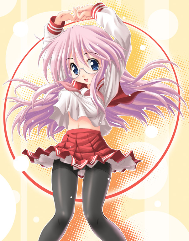 noritama (gozen), takara miyuki, lucky star, 00s, 1girl, black pantyhose, crotch seam, female focus, panties, panties under pantyhose, pantyhose, pink hair, school uniform, serafuku, solo, thighband pantyhose, underwear