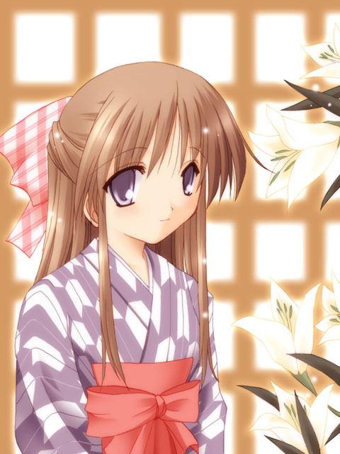 brown hair, flower, japanese clothes, kimono, long hair, ribbon, smile, solo, yagasuri