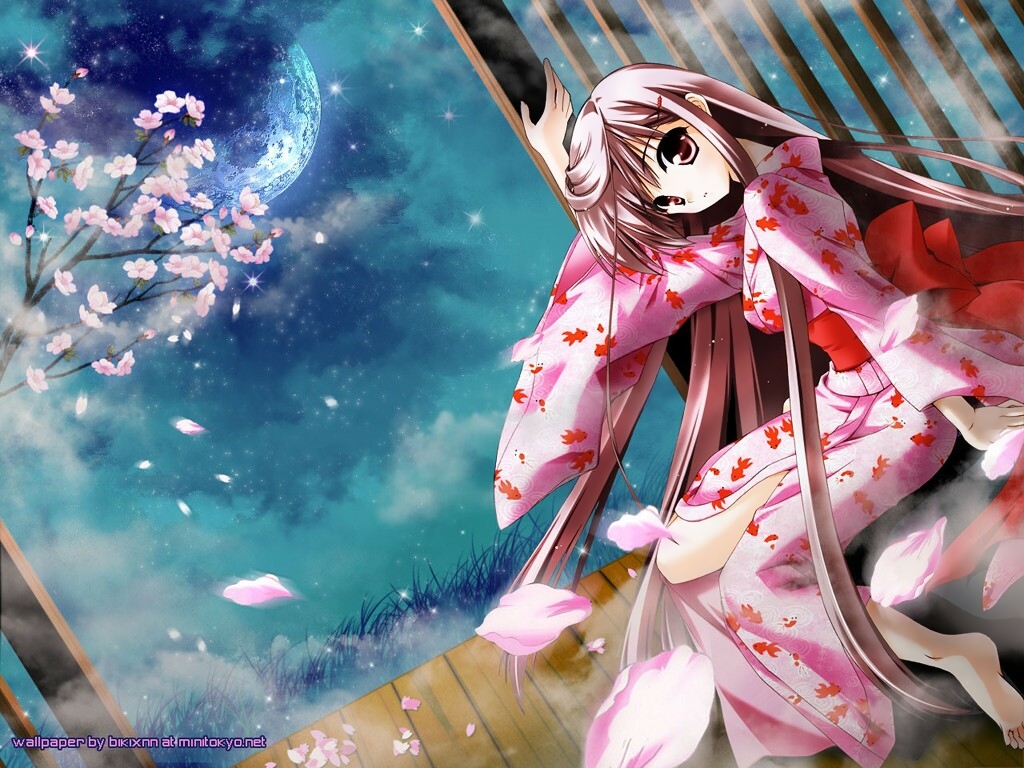 tagme, brown hair, cherry blossoms, japanese clothes, kimono, long hair, moon, solo, very long hair