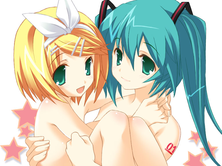 karte, hatsune miku, kagamine rin, vocaloid, 2girls, :d, aqua hair, blonde hair, carrying, collarbone, green eyes, green hair, hair ornament, hair ribbon, hairband, hairclip, headgear, long hair, multiple girls, nude, open mouth, princess carry, ribbon, short hair, sidelocks, smile, swept bangs, tattoo, twintails, very long hair, yuri