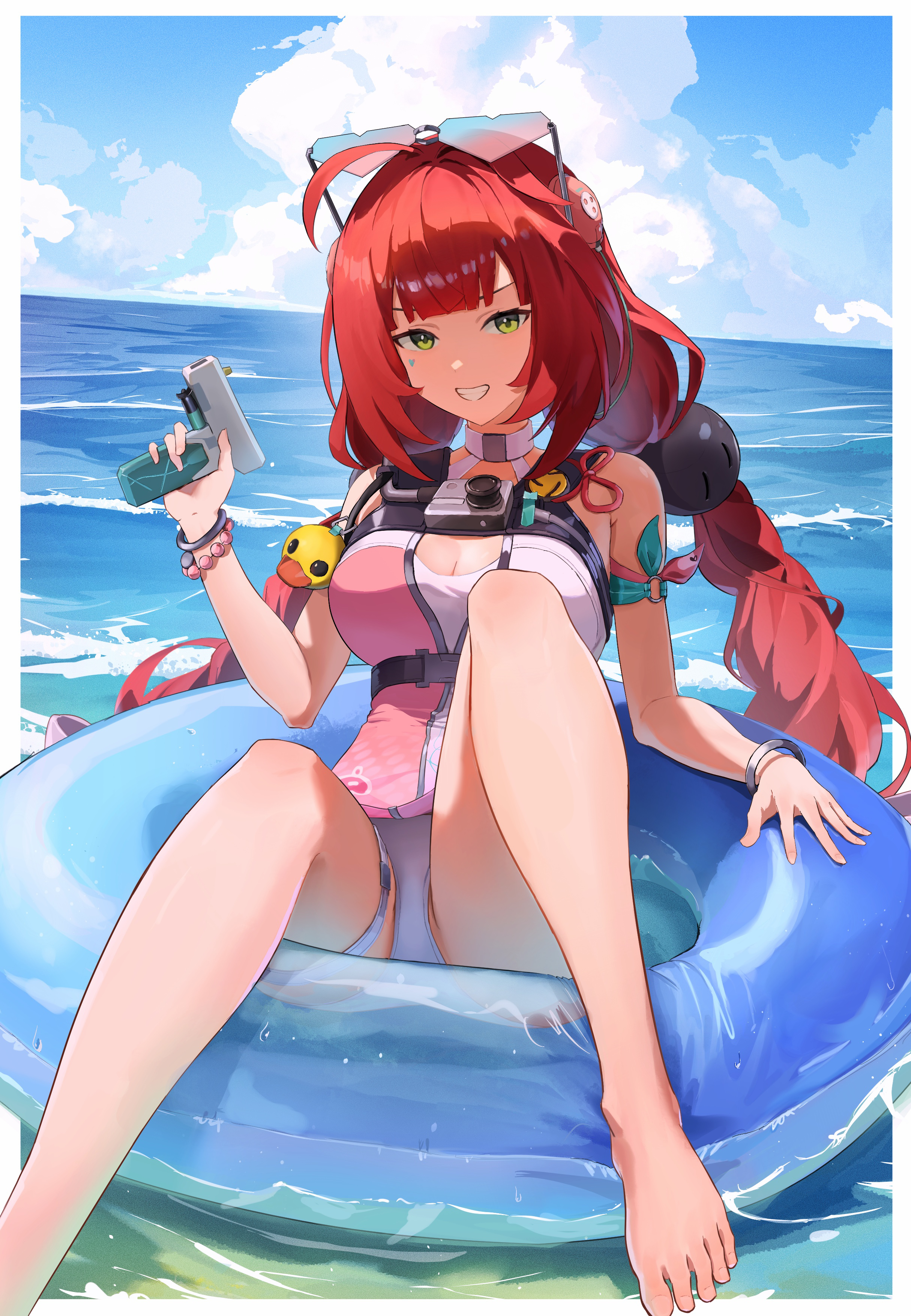 ukinami yuzuha, ukinami yuzuha (tanuki in broad daylight), zenless zone zero, absurdres, highres, 1girl, ahoge, barefoot, blue sky, braid, breasts, cloud, eyewear on head, feet, green eyes, holding, holding water gun, innertube, long hair, looking at viewer, medium breasts, official alternate costume, one-piece swimsuit, pink one-piece swimsuit, red hair, sky, smile, solo, sunglasses, swim ring, swimsuit, thigh strap, toes, twin braids, two-tone one-piece swimsuit, user pnum2583, very long hair, water, water gun, white one-piece swimsuit