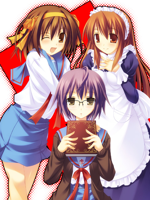 asahina mikuru, nagato yuki, suzumiya haruhi, suzumiya haruhi no yuuutsu, 00s, 3girls, blush, book, glasses, long sleeves, multiple girls, one eye closed, ribbon, school uniform, serafuku, smile, waitress, wink