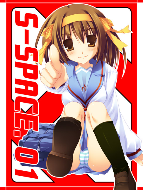 suzumiya haruhi, suzumiya haruhi no yuuutsu, 00s, panties, school uniform, serafuku, solo, striped clothes, striped panties, underwear