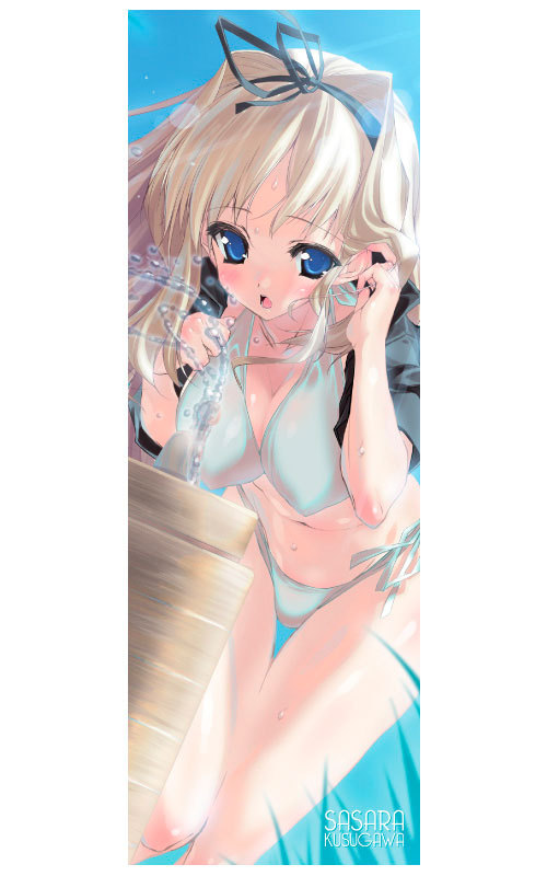 urotan, kusugawa sasara, to heart (series), to heart 2, long image, tall image, 00s, 1girl, adjusting hair, bent over, bikini, blonde hair, blue eyes, blush, breasts, cleavage, covered erect nipples, drinking, drinking fountain, female focus, hair ribbon, hanging breasts, jacket, large breasts, leaning forward, long hair, looking at viewer, open clothes, open jacket, open mouth, ribbon, side-tie bikini bottom, solo, stick poster, swimsuit, thigh gap, thighs, water, wet, white bikini, wind