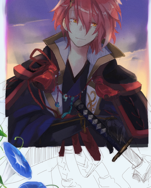wane (ruki), ragnarok online, unfinished, 1boy, armor, closed mouth, coat, drawing sword, hair between eyes, holding, holding sword, holding weapon, japanese armor, kagerou (ragnarok online), katana, kote, kurokote, long bangs, male focus, orange eyes, pink hair, purple background, purple shirt, shirt, short hair, smile, solo, sword, upper body, weapon, white coat