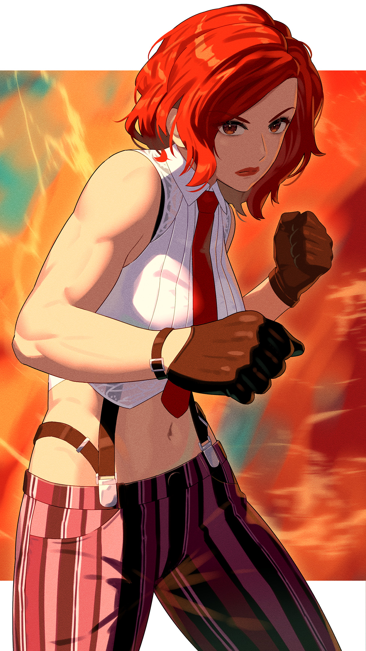 yagi2013, vanessa (kof), snk, the king of fighters, the king of fighters xiv, highres, 1girl, bare shoulders, black gloves, boxing, breasts, crop top, cropped shirt, gloves, large breasts, lipstick, looking at viewer, makeup, mature female, midriff, navel, necktie, pants, pinstripe pants, pinstripe pattern, red eyes, red hair, red necktie, shirt, short hair, sleeveless, solo, square-end necktie, striped clothes, striped pants, suspenders, tie clip, vertical-striped clothes, vertical-striped pants