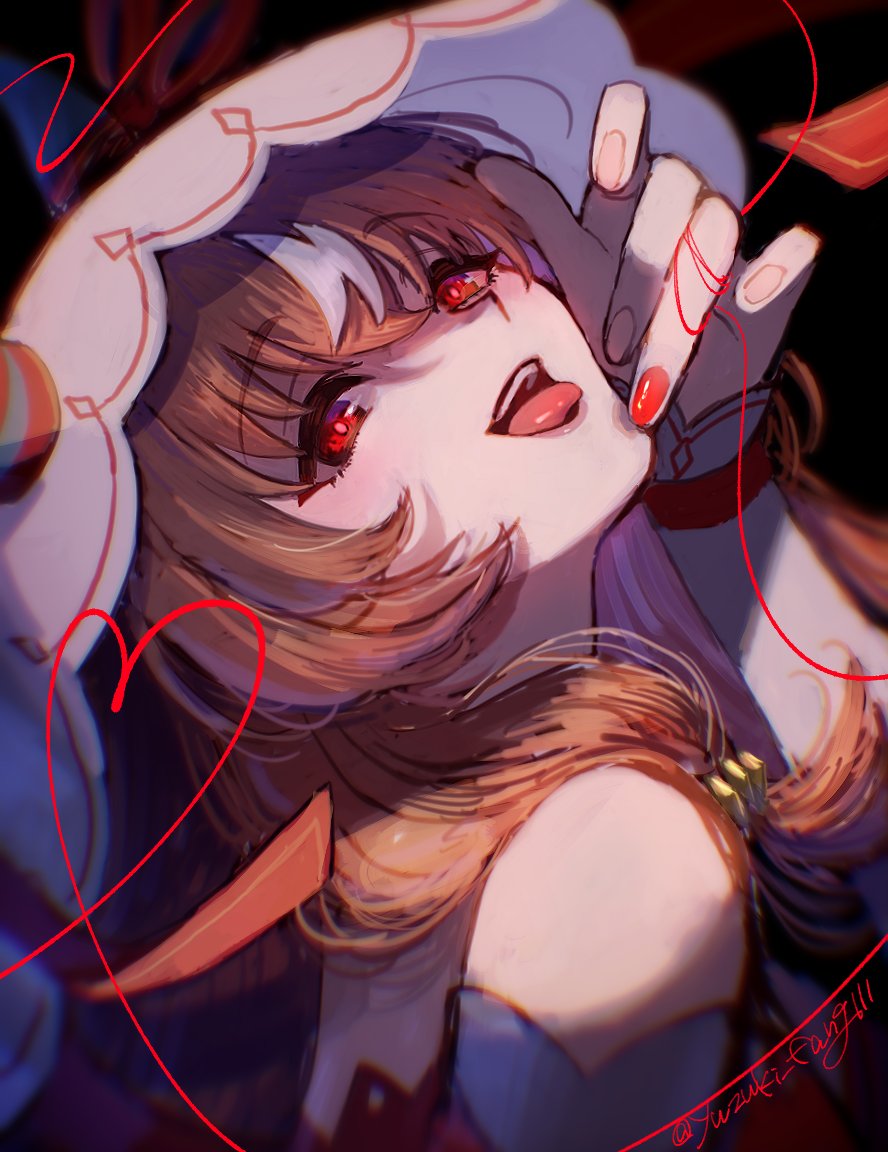 yuzuki v, still in love (umamusume), umamusume, 1girl, animal ears, bare shoulders, brown hair, dress, hair over shoulder, horse ears, horse girl, long hair, looking at viewer, open mouth, red dress, red eyes, sidelocks, solo, tongue, tongue out, veil, white veil