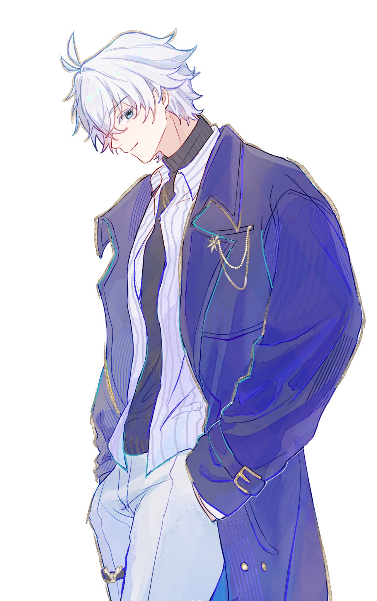 phainon (honkai: star rail), honkai: star rail, honkai (series), highres, 1boy, antenna hair, black sweater, blue coat, blue eyes, closed mouth, coat, cowboy shot, crossed bangs, grey hair, hair between eyes, hands in pockets, iyoiyo922, jewelry, looking at viewer, male focus, necklace, official alternate costume, open clothes, open coat, open shirt, pants, phainon (luckin coffee) (honkai: star rail), profile, shirt, short hair, simple background, smile, solo, sweater, turtleneck, turtleneck sweater, white background, white pants, white shirt, yellow pupils