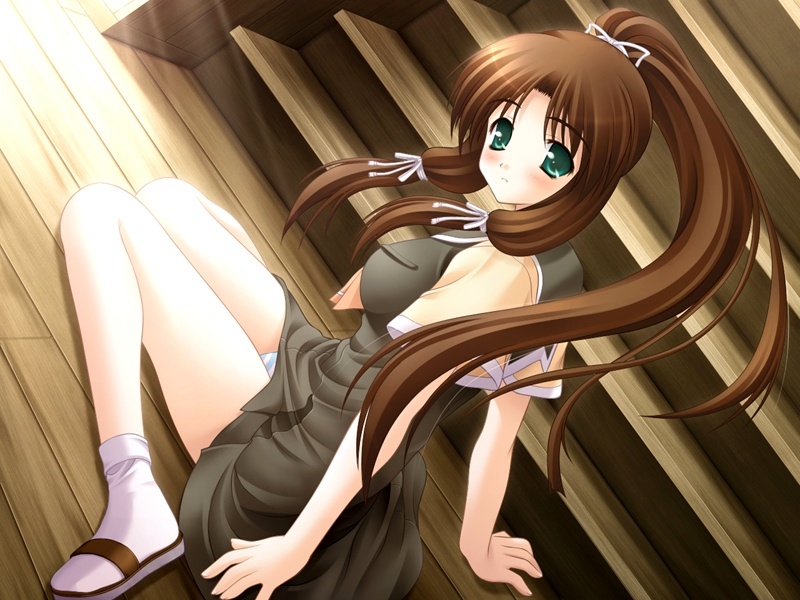 yuuki koboshi, namida-bashi wo watatte, game cg, 1girl, blush, brown hair, female focus, long hair, panties, school uniform, serafuku, socks, solo, striped clothes, striped panties, underwear