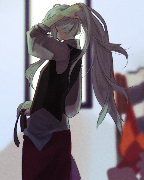 wane (ruki), minstrel (ragnarok online), ragnarok online, commentary request, 1boy, black scarf, black vest, blurry, blurry background, cowboy shot, dressing, from behind, grey hair, high ponytail, long hair, male focus, mirror, pants, ponytail, red pants, scarf, shirt, sleeves rolled up, solo, striped clothes, striped scarf, tying hair, unworn scarf, vest, white scarf, white shirt