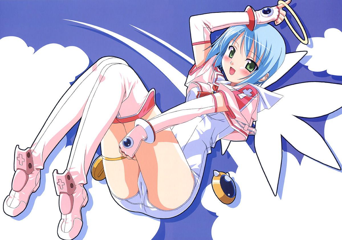 kuuchuu yousai, djibril (makai tenshi djibril), manabe rika, makai tenshi djibril, official art, 1girl, :d, angel, arm up, ass, blue hair, blush, bob cut, boots, bracelet, cameltoe, cloud, crop top, cross, dutch angle, elbow gloves, female focus, fingerless gloves, flying, gem, gloves, green eyes, halo, jewelry, latin cross, leg hold, looking at viewer, magical girl, necktie, one-piece swimsuit, open mouth, outdoors, panties, pink boots, pink thighhighs, pointing, reclining, sailor collar, school swimsuit, shadow, short hair, sky, smile, solo, swimsuit, swimsuit costume, swimsuit under clothes, thigh boots, thigh strap, thighhighs, thighs, underwear, white one-piece swimsuit, white school swimsuit, wings