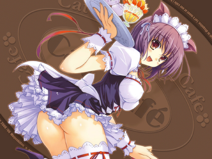 tomose shunsaku, 1girl, animal ears, cat ears, maid, no panties, smile, solo, thighhighs, tray, waitress