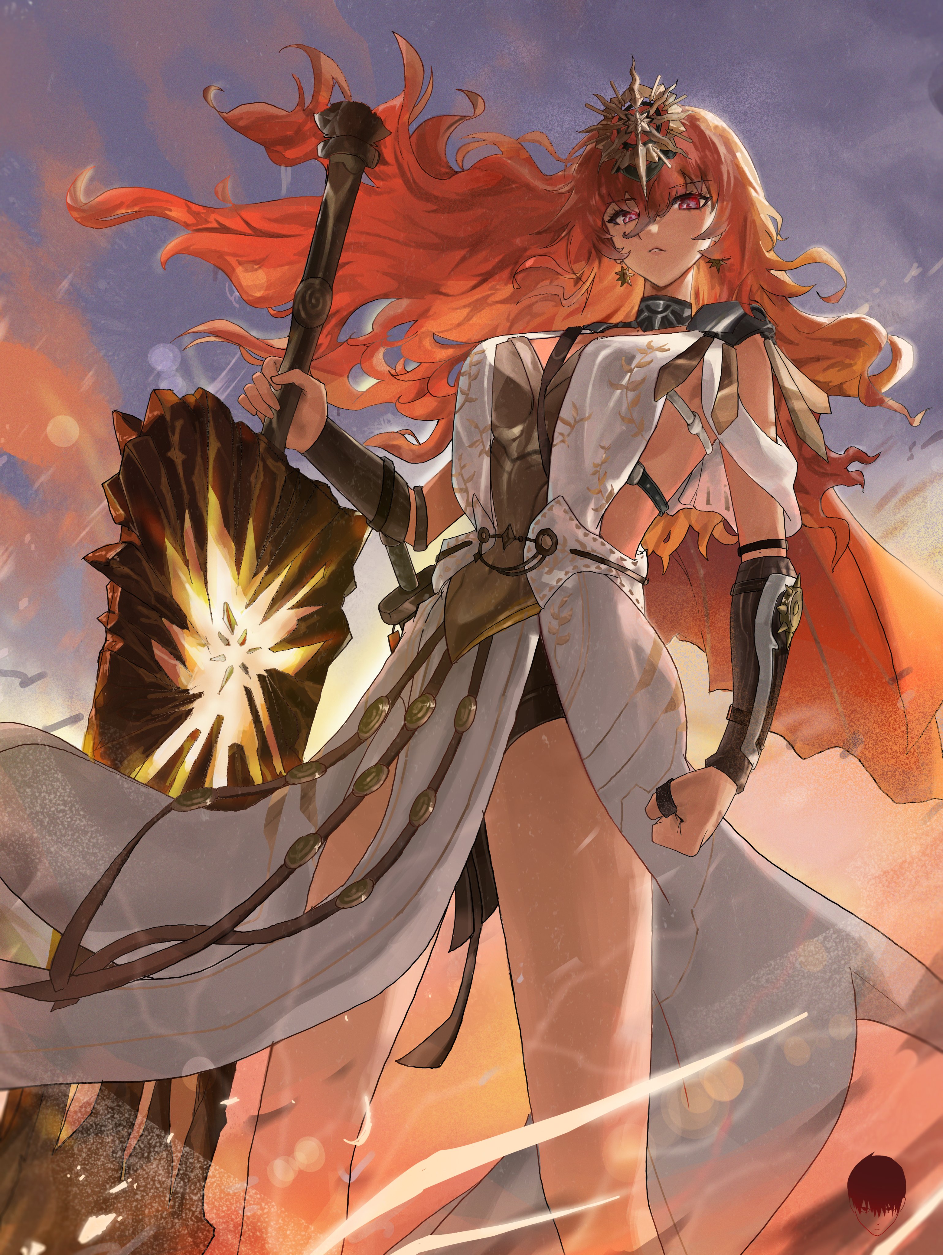 augusta (wuthering waves), wuthering waves, absurdres, commentary, english commentary, highres, 1girl, ancient greek clothes, arm armor, armor, breastplate, breasts, earrings, from below, gold bra, greatsword, greco-roman clothes, head wreath, headgear, jewelry, large breasts, long hair, orange hair, red eyes, solo, steventjjjj, sun earrings, sword, weapon
