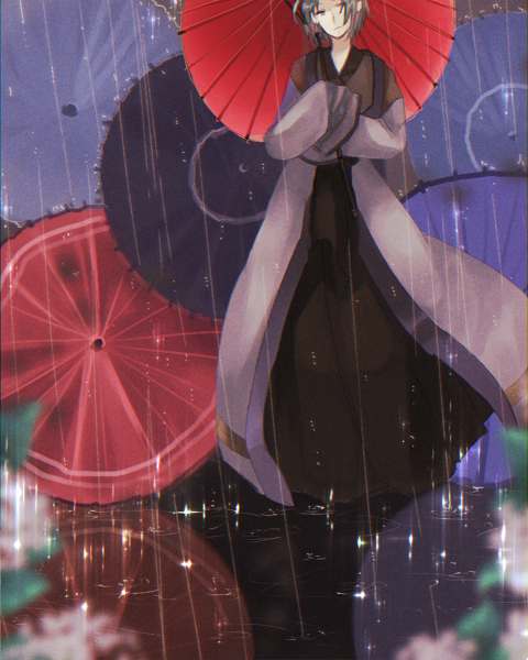 wane (ruki), soul linker (ragnarok online), ragnarok online, commentary request, 1boy, black hanbok, black pants, blue eyes, closed mouth, coat, full body, grey hair, hanbok, holding, holding umbrella, korean clothes, looking at viewer, male focus, oil-paper umbrella, pants, purple coat, purple fur, rain, red umbrella, short hair, sleeves past fingers, sleeves past wrists, smile, solo, umbrella, water