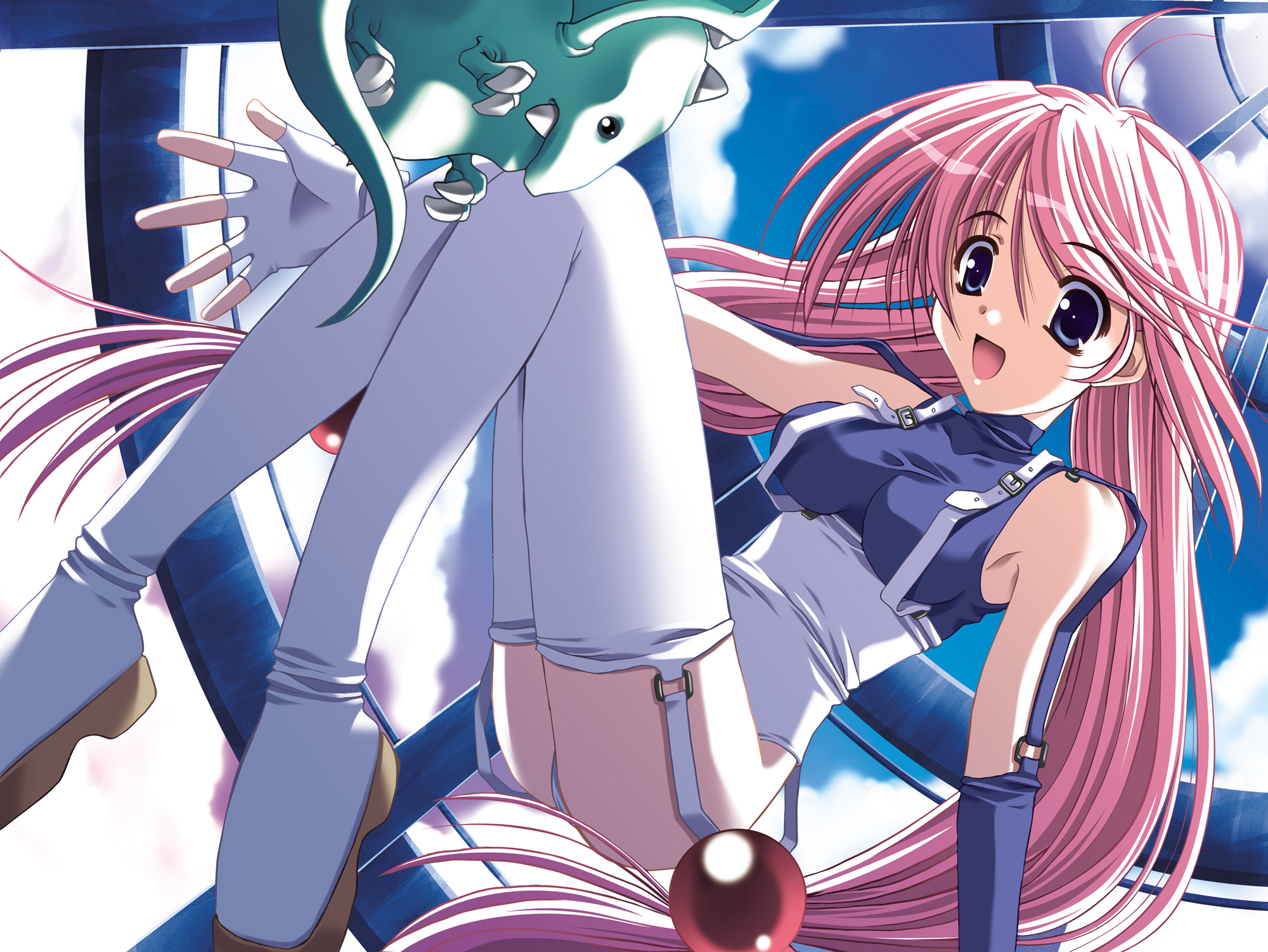 hagure keg, highres, 1girl, female focus, garter straps, long hair, panties, pink hair, smile, solo, thighhighs, underwear