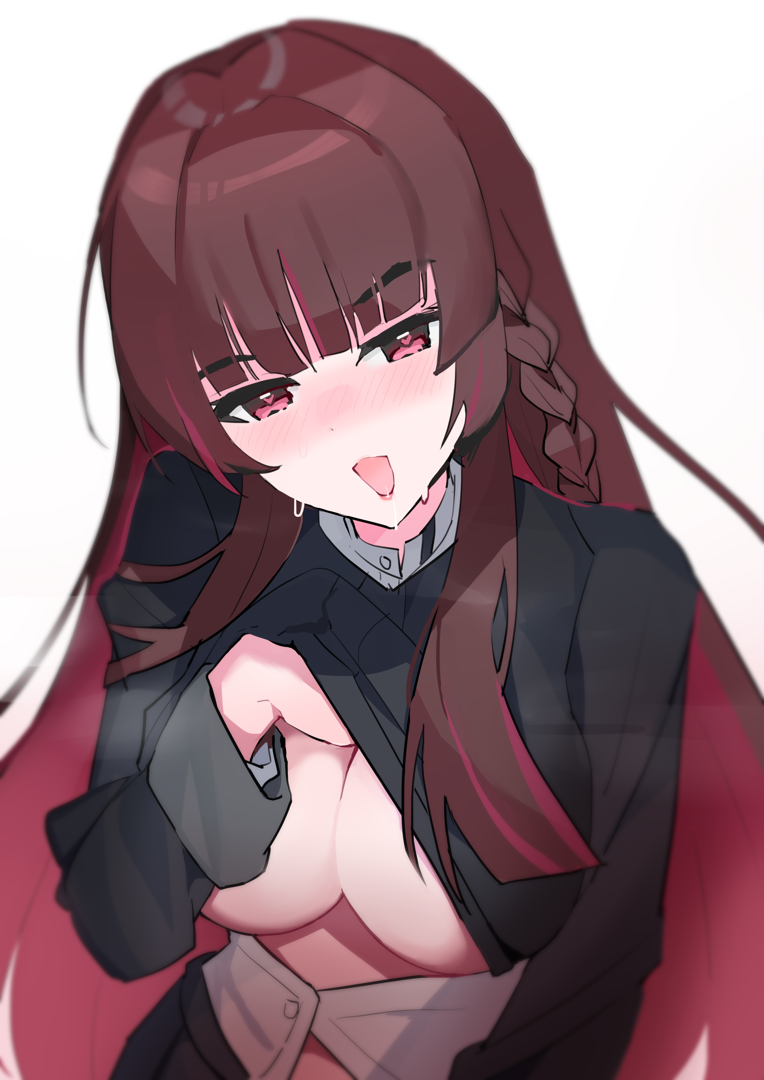 sanzashizu, shirakusa shion, gakuen idolmaster, idolmaster, absurdres, highres, 1girl, black jacket, blunt bangs, blush, braid, breasts, brown hair, clothes lift, colored inner hair, gokugetsu academy school uniform, heart, heart-shaped pupils, jacket, jacket lift, large breasts, lifting own clothes, long hair, long sleeves, looking at viewer, multicolored hair, open mouth, red eyes, red hair, red streaks, school uniform, simple background, solo, streaked hair, symbol-shaped pupils, two-tone hair, upper body, white background