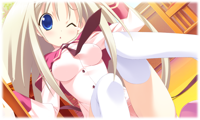 1girl, blouse, blush, brown necktie, female focus, long hair, necktie, one eye closed, pink shirt, school uniform, serafuku, shirt, solo, tears, thighhighs, white thighhighs, wink