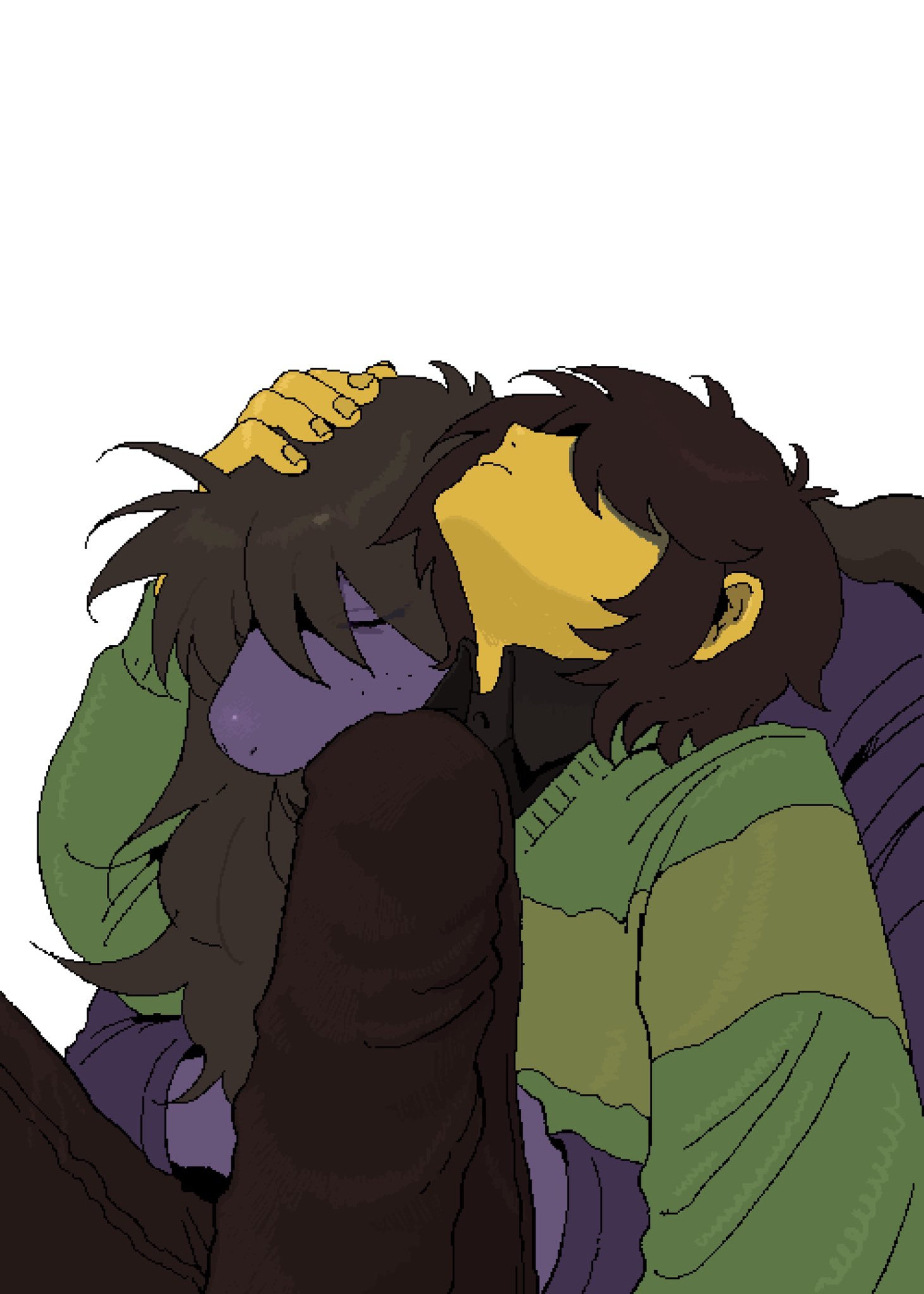 nas u, kris (deltarune), susie (deltarune), deltarune, utdr (toby fox), highres, 1girl, 1other, brown hair, brown pants, closed eyes, closed mouth, colored skin, freckles, green sweater, hand on another's head, long hair, pants, pixel art, purple skin, short hair, simple background, sitting, sleeping, striped clothes, striped sweater, sweater, white background