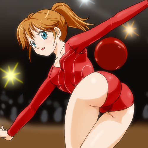 haruyama kazunori, kamijou hikari, hikari no densetsu, hikaru no densetsu, lowres, 1girl, ass, ball, blue eyes, breasts, brown hair, collarbone, covered erect nipples, female focus, gymnast leotard, gymnastics, leotard, ponytail, red leotard, rhythmic gymnastics, short hair, solo