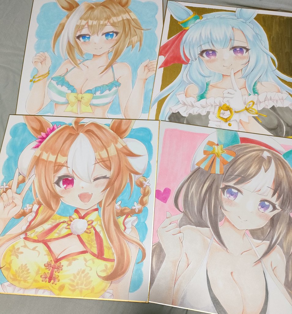 terimuku, cheval grand (umamusume), copano rickey (umamusume), hokko tarumae (umamusume), mejiro ardan (umamusume), umamusume, commentary request, photo (medium), traditional media, 4girls, ;d, animal ears, bangle, bare arms, bare shoulders, beret, bikini, black dress, blue eyes, blue hair, blush, bow, bracelet, braid, breasts, brown hair, center frills, china dress, chinese clothes, cleavage, cleavage cutout, closed mouth, clothing cutout, collarbone, crown braid, dress, finger heart, frilled bikini, frilled dress, frills, gloves, hair between eyes, hair bow, hair ornament, hair rings, hand up, hands up, hat, heart, horse ears, index finger raised, jewelry, large breasts, looking at viewer, low twintails, medium breasts, multicolored hair, multiple girls, off-shoulder dress, off shoulder, one eye closed, open mouth, purple eyes, shikishi, sleeveless, sleeveless dress, smile, star (symbol), star hair ornament, streaked hair, striped bikini, striped bow, striped clothes, swimsuit, twin braids, twintails, two-tone hair, v, white gloves, white hair, white hat, yellow dress