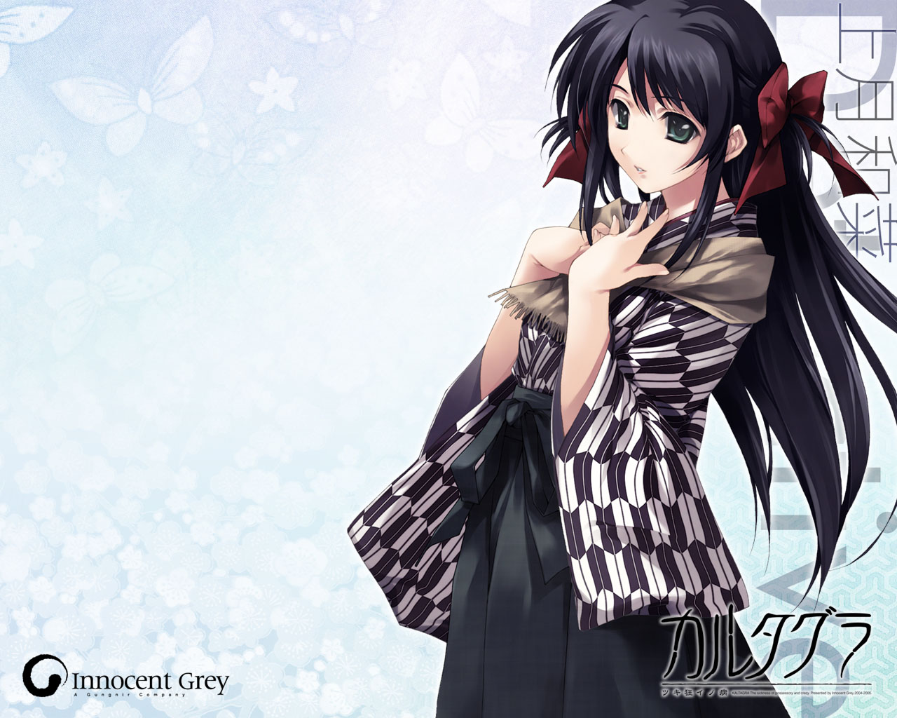 sugina miki, kouzuki kazuna, cartagra, official art, official wallpaper, 1girl, black hair, dress, female focus, hakama, hakama skirt, japanese clothes, long hair, meiji schoolgirl uniform, ribbon, skirt, solo