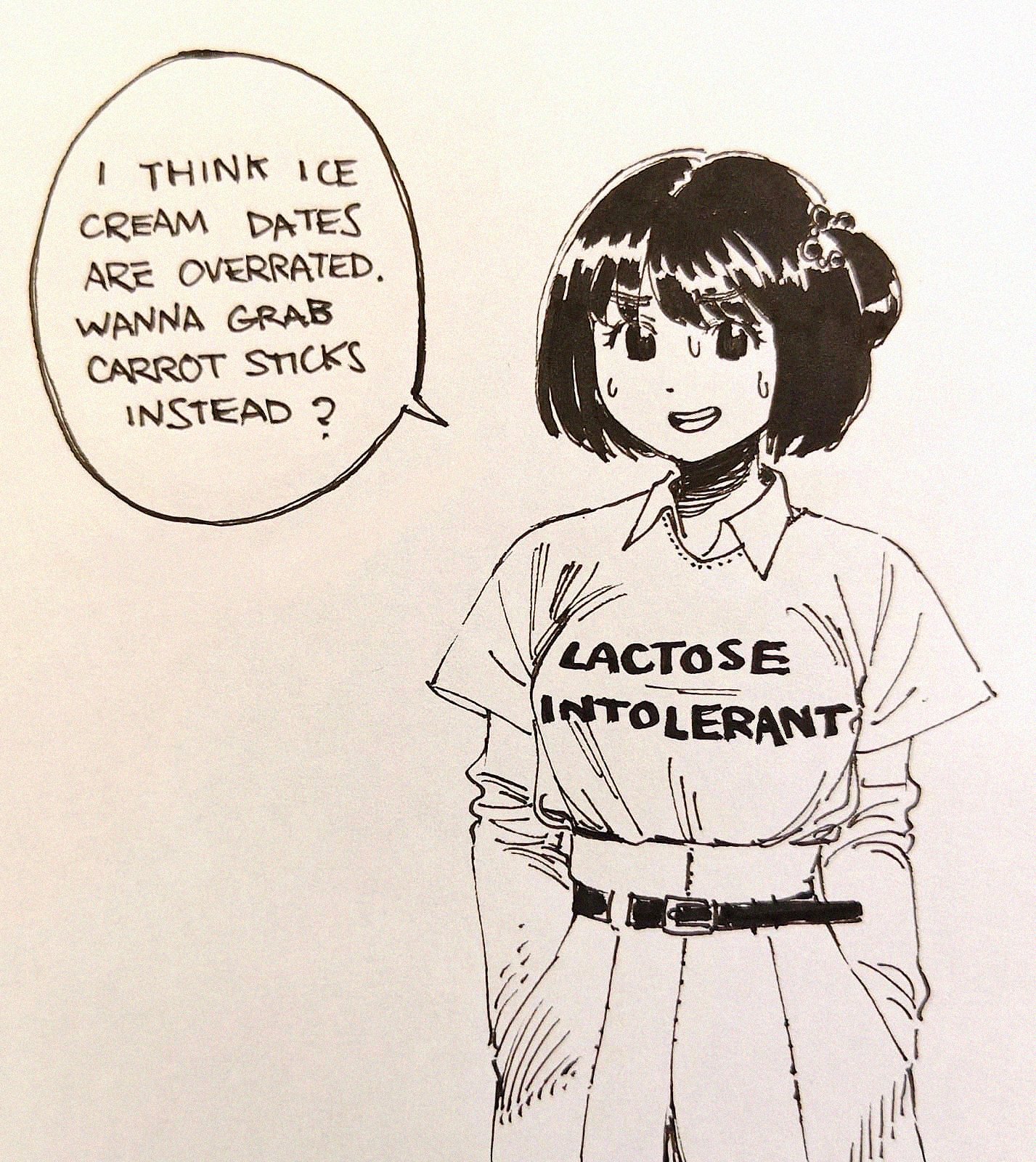heidi (heytherenrds), original, highres, 1girl, belt, english text, greyscale, hands in pockets, medium hair, monochrome, one side up, open mouth, shirt, solo, speech bubble, sweat