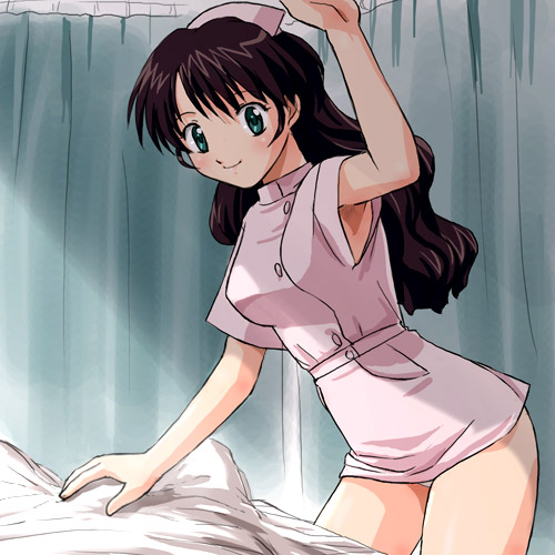 haruyama kazunori, koizumi miyuki, dokkiri doctor, lowres, 1girl, armpit peek, armpits, female focus, nurse, panties, pantyshot, solo, underwear