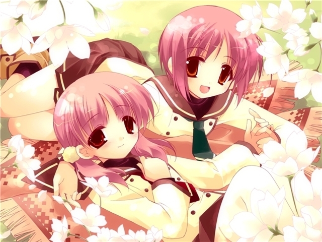 minazuki haruka, akino momiji, kiriyama sakura, sakura musubi, 2girls, cherry blossoms, hair ornament, holding hands, laughing, lying, miniskirt, multiple girls, necktie, outdoors, pink hair, pleated skirt, red eyes, school uniform, serafuku, shoes, short hair, skirt, smile, socks, twintails