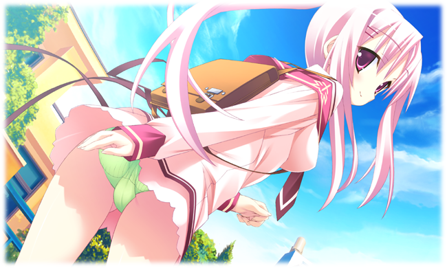 blouse, high ponytail, long hair, panties, pink hair, pink shirt, ponytail, school uniform, serafuku, shirt, smile, underwear
