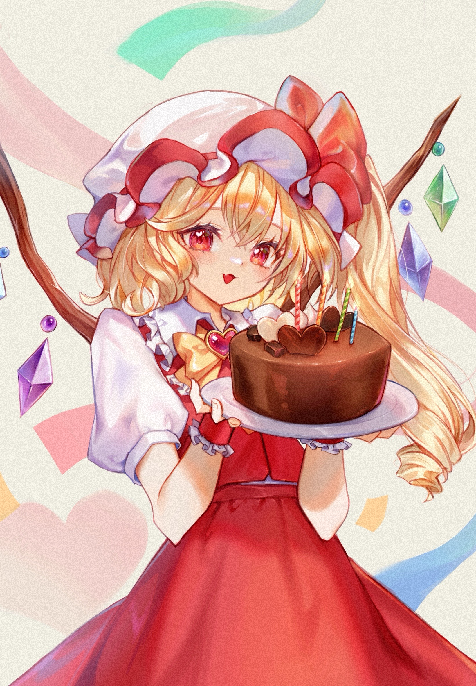 rhea (156latte), flandre scarlet, touhou, highres, 1girl, birthday cake, blonde hair, cake, crystal wings, dated, food, happy birthday, hat, holding, holding cake, holding food, looking at viewer, mob cap, red eyes, red skirt, red vest, side ponytail, skirt, smile, solo, vest, wings