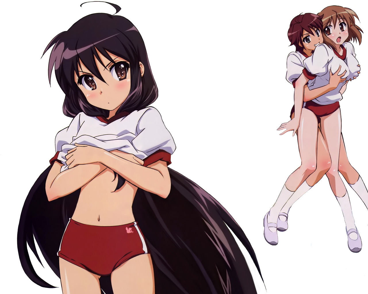 ogata matake, shana, yoshida kazumi, shakugan no shana, white legwear, official art, official wallpaper, >:|, 00s, 3girls, :o, :|, ahoge, angry, between thighs, black hair, blush, body blush, breast envy, breasts, brown eyes, brown hair, buruma, closed mouth, clothes lift, covering breasts, covering privates, crossed arms, facing viewer, flat chest, grabbing another's breast, grabbing from behind, grey eyes, grin, groping, gym uniform, hair between eyes, hair ornament, hairclip, kneehighs, large breasts, long hair, looking at another, looking at viewer, midriff, multiple girls, naughty face, navel, open mouth, purple hair, red hair, shirt, shirt lift, shoes, short hair, short sleeves, simple background, single vertical stripe, smile, socks, standing, surprised, thighs, undressing, uwabaki, v-shaped eyebrows, very long hair, white background, yuri