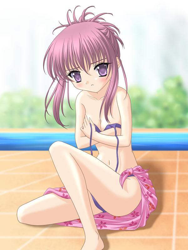 chikage (sister princess), sister princess, 00s, 1girl, bikini, blush, female focus, pink hair, pink sarong, purple hair, sarong, solo, swimsuit, twintails, undressing