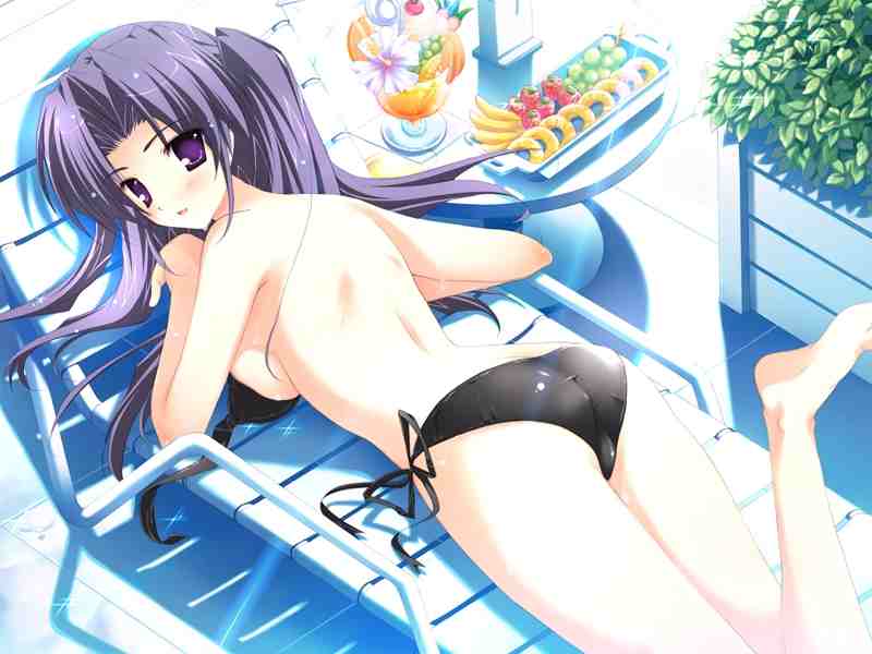jpeg artifacts, bare shoulders, bikini, blush, long hair, purple eyes, purple hair, swimsuit