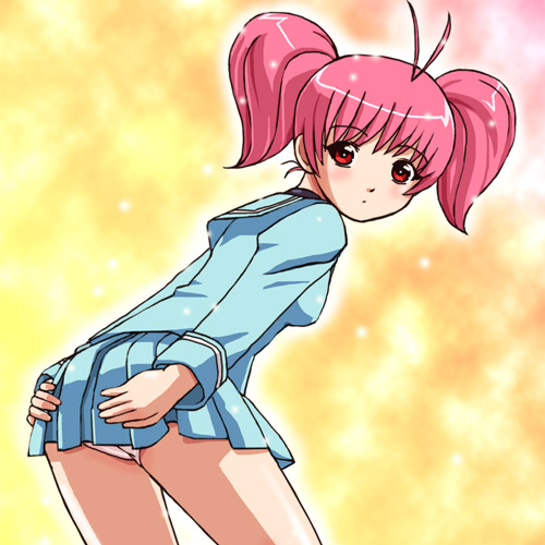 haruyama kazunori, minami megumi, tantei gakuen q, lowres, 00s, antenna hair, panties, pantyshot, pink hair, red eyes, school uniform, serafuku, solo, twintails, underwear