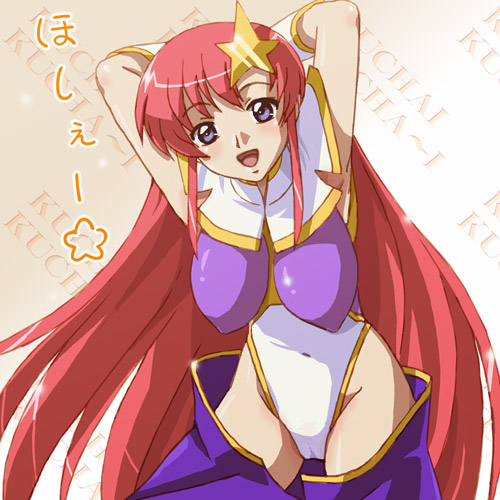 haruyama kazunori, meer campbell, gundam, gundam seed, gundam seed destiny, lowres, 00s, 1girl, armpits, cameltoe, female focus, hair ornament, highleg, leotard, solo, star (symbol), star hair ornament