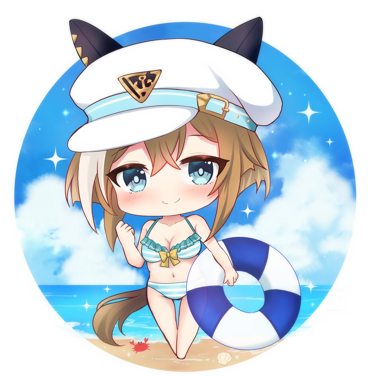 terimuku, cheval grand (umamusume), umamusume, commentary request, highres, 1girl, animal ears, bare arms, bare shoulders, bikini, blue eyes, blue sky, blush, breasts, chibi, cleavage, clenched hand, closed mouth, cloud, collarbone, day, ears through headwear, frilled bikini, frills, hair between eyes, hand up, hat, holding, holding swim ring, horizon, horse ears, horse girl, horse tail, innertube, medium breasts, multicolored hair, navel, ocean, peaked cap, sky, smile, solo, sparkle, standing, streaked hair, striped bikini, striped clothes, swim ring, swimsuit, tail, water, white hair, white hat