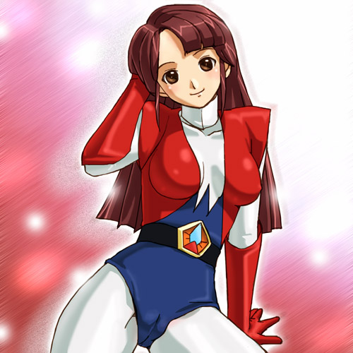 haruyama kazunori, fujiyama midori, daikuu maryuu gaiking, gaiking, toei company, lowres, 1970s (style), 1girl, arm up, blue bodysuit, blush, bodysuit, breasts, brown eyes, brown hair, cameltoe, elbow gloves, female focus, gloves, hand in own hair, head tilt, large breasts, long hair, looking at viewer, oldschool, red gloves, retro artstyle, skin tight, solo